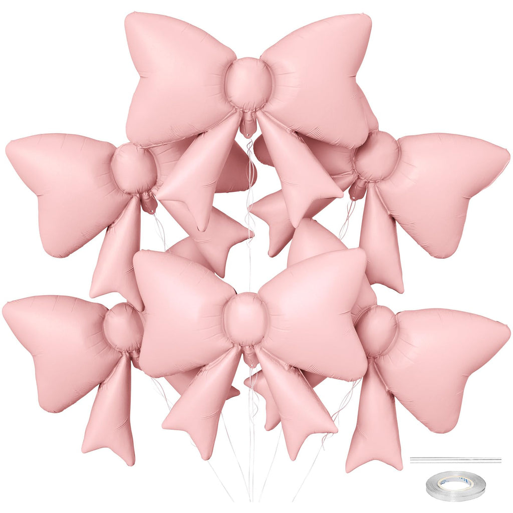 Biapian 6Pcs Pastel Pink Bow Balloons – 35-Inch Foil Balloons for Weddings, Birthdays, Baby Showers