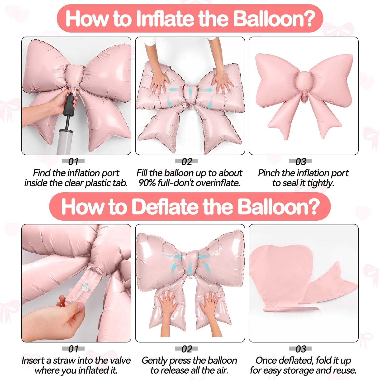 Biapian 6Pcs Pastel Pink Bow Balloons – 35-Inch Foil Balloons for Weddings, Birthdays, Baby Showers