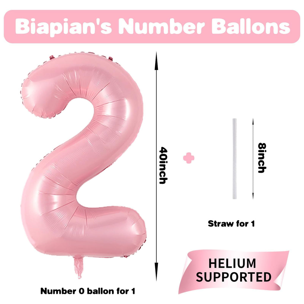 Biapian Pastel Pink 40-Inch Number 2 Balloon — Pearl Foil Balloons for Girls’ 2nd Birthday & Baby Shower