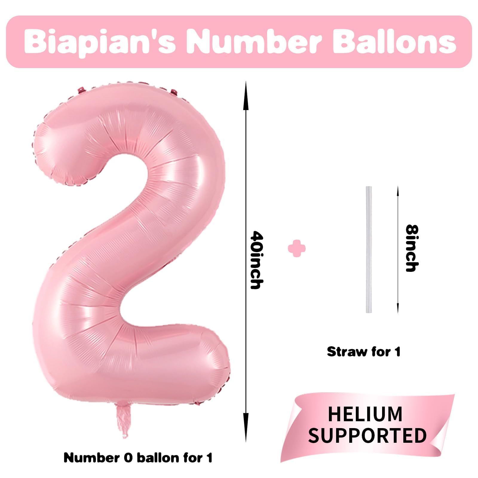 Biapian Pastel Pink 40-Inch Number 2 Balloon — Pearl Foil Balloons for Girls’ 2nd Birthday & Baby Shower