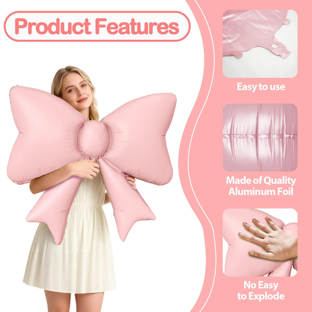 Biapian 6Pcs Pastel Pink Bow Balloons – 35-Inch Foil Balloons for Weddings, Birthdays, Baby Showers