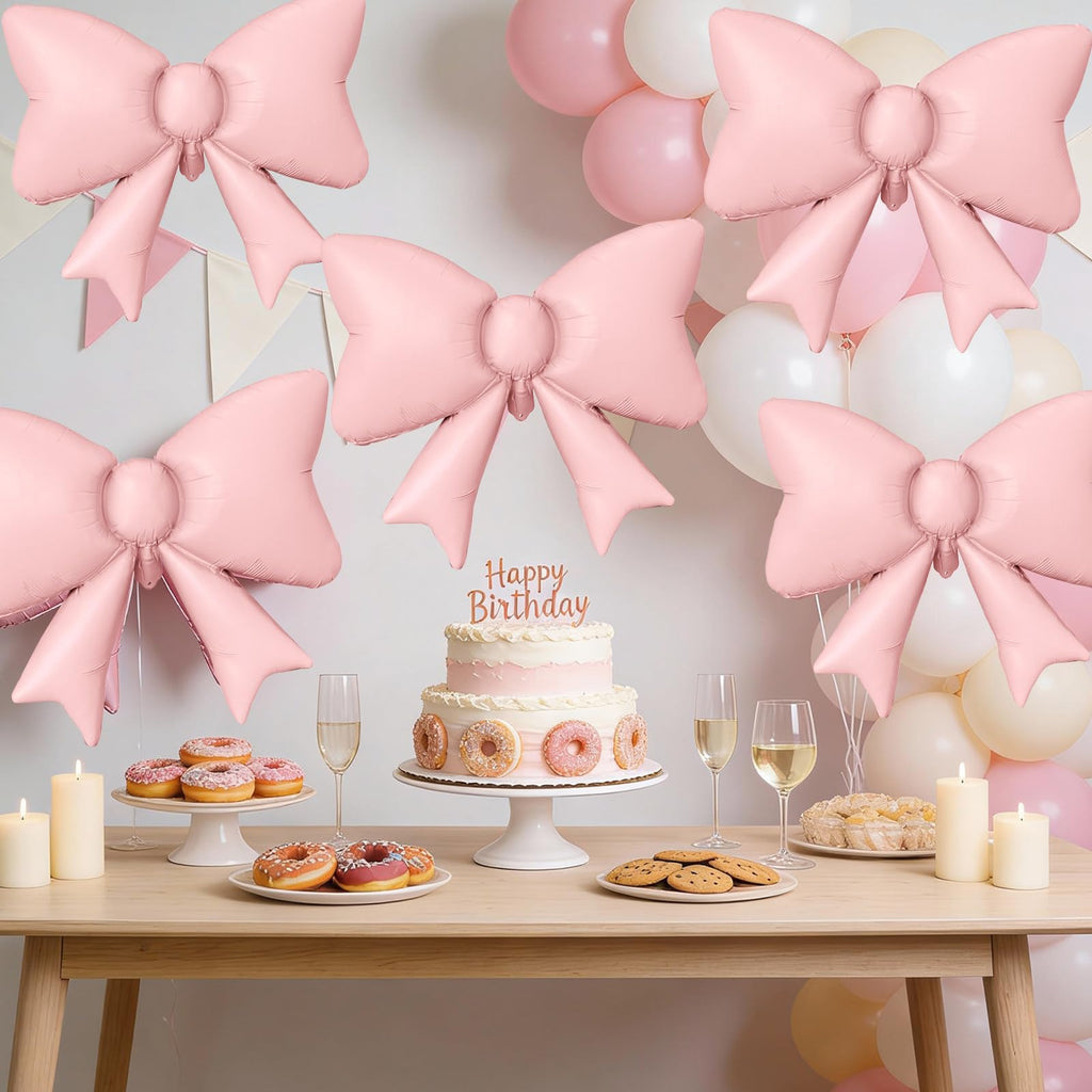 Biapian 6Pcs Pastel Pink Bow Balloons – 35-Inch Foil Balloons for Weddings, Birthdays, Baby Showers
