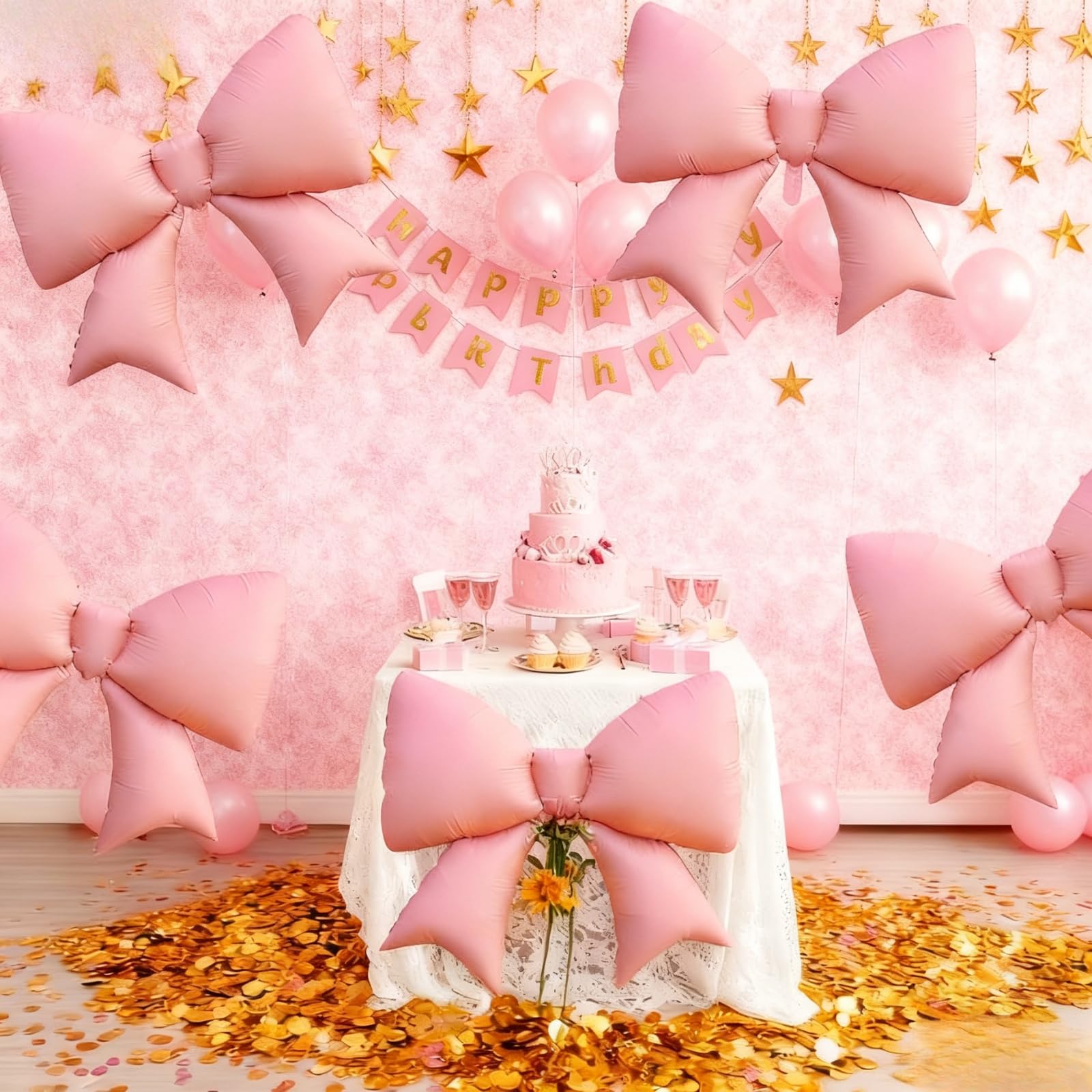 Biapian 6 Pcs Pink Bow Balloons - 38 Inch Giant Foil Balloons for Princess Parties
