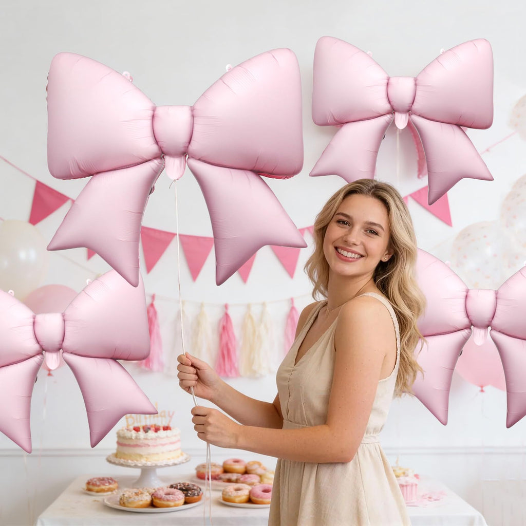Biapian 6 Pcs Pink Bow Balloons - 38 Inch Giant Foil Balloons for Princess Parties