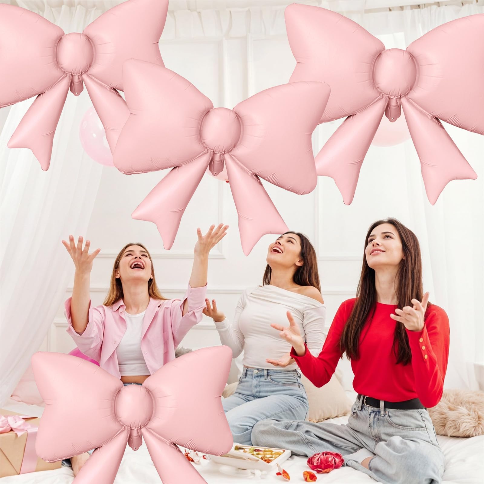 Biapian 6Pcs Pastel Pink Bow Balloons – 35-Inch Foil Balloons for Weddings, Birthdays, Baby Showers
