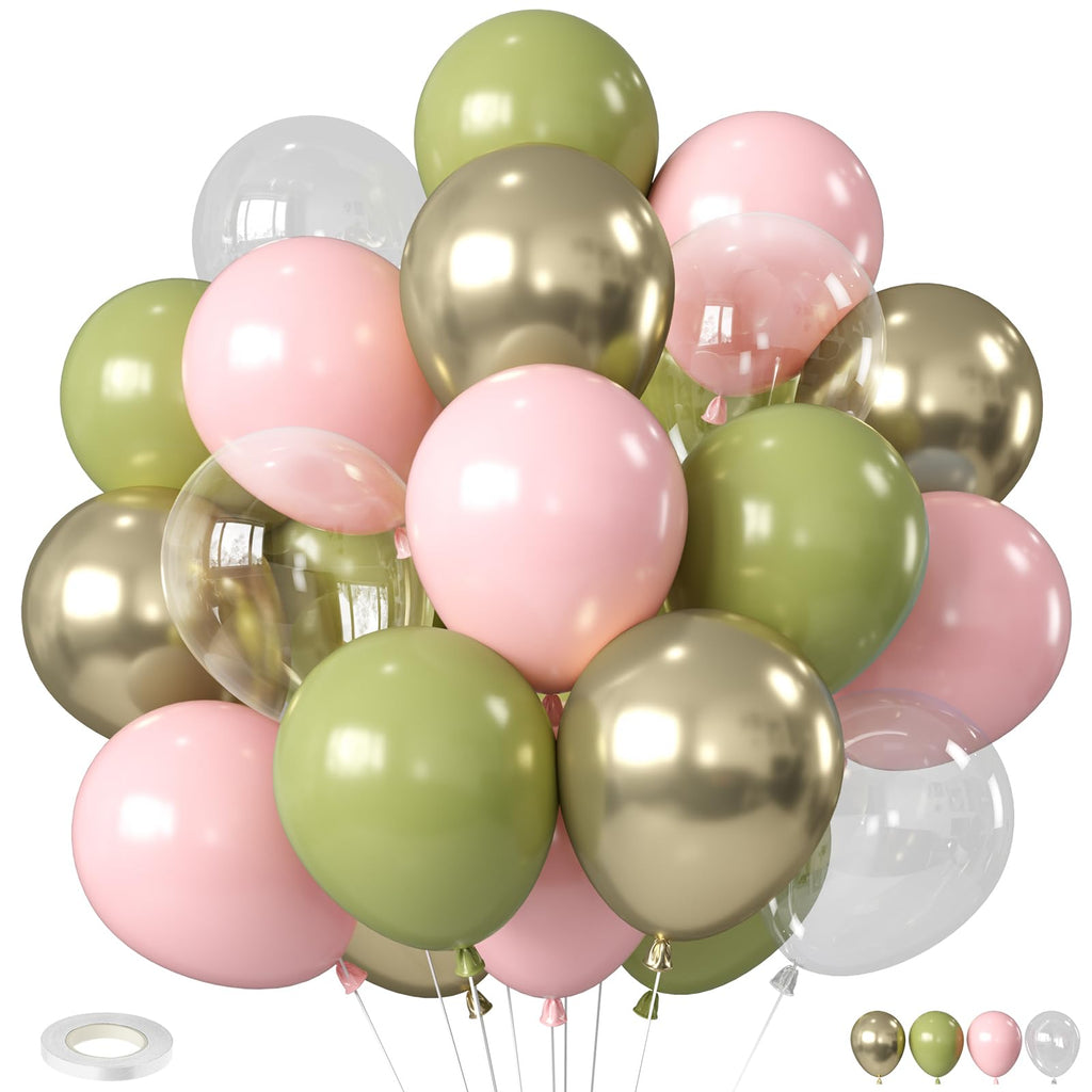Biapian Retro Sage Green & Pink Balloons – 12in Metallic Gold, Olive Green & Clear Latex