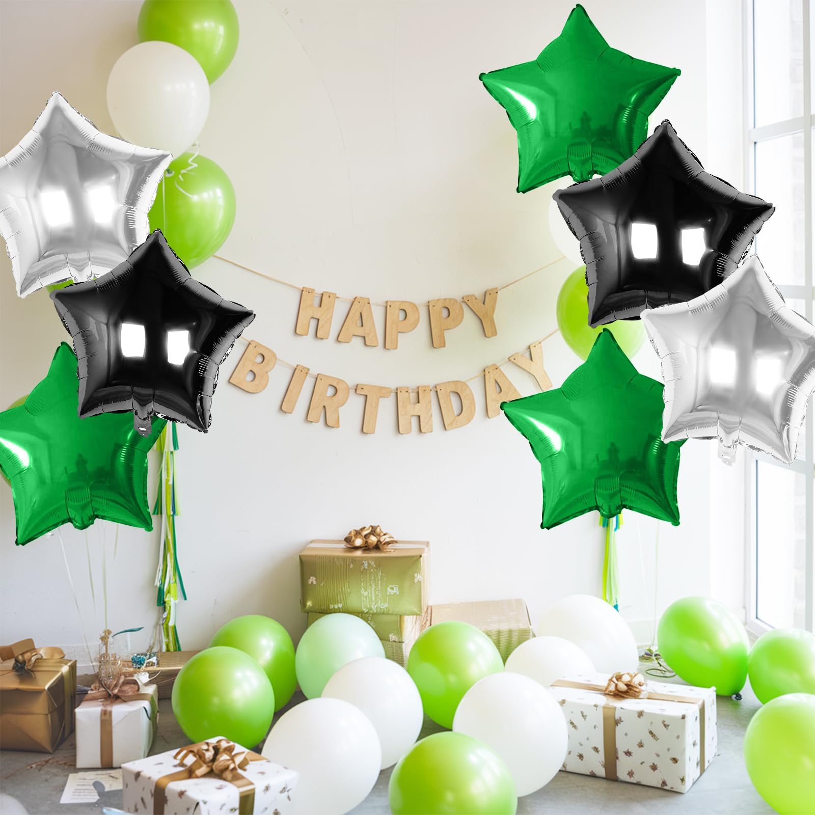 Biapian Green Black Silver Star Foil Balloons – 18in 10pc Set for Birthdays, Graduations & Parties