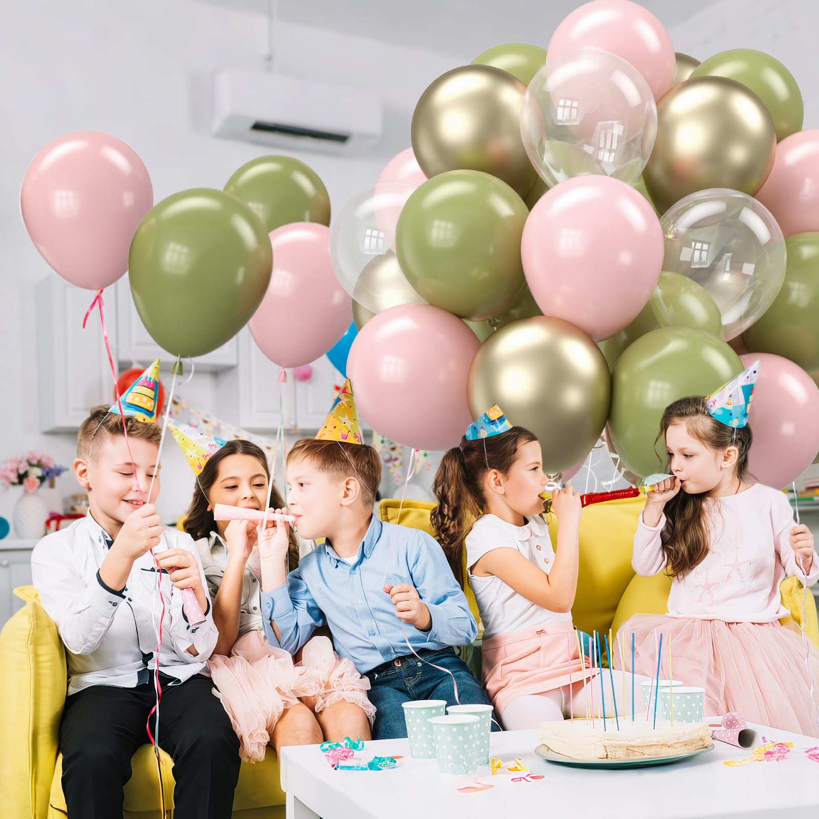 Biapian Retro Sage Green & Pink Balloons – 12in Metallic Gold, Olive Green & Clear Latex