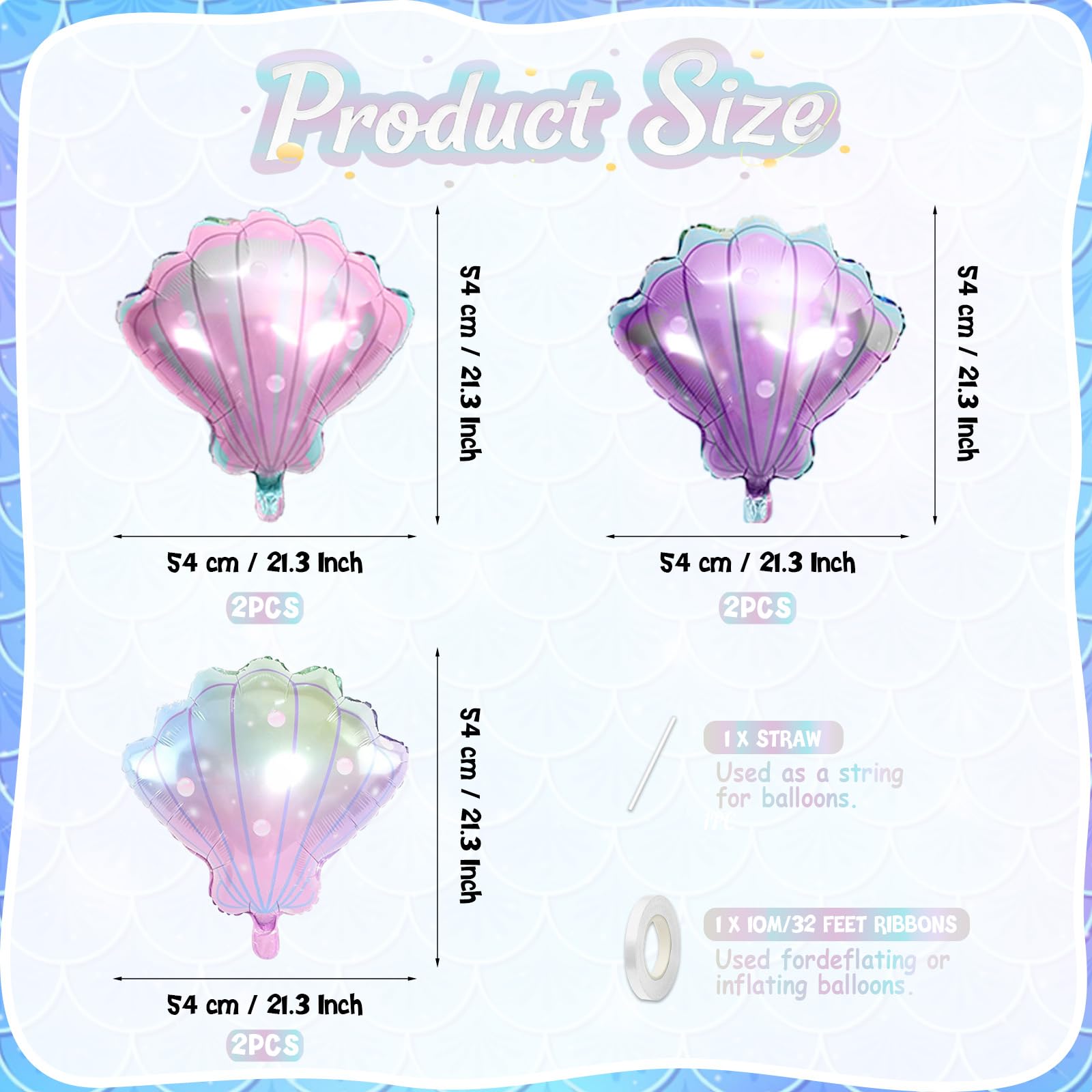 Biapian Sea Shells Balloons - 6-Pack Large Mermaid Foil Balloons (Pink Purple Gradient)