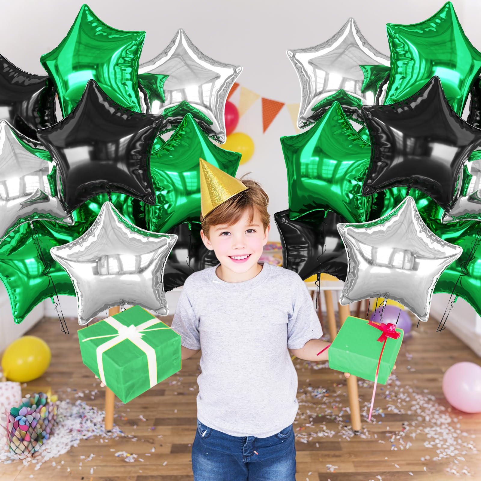 Biapian Green Black Silver Star Foil Balloons – 18in 10pc Set for Birthdays, Graduations & Parties
