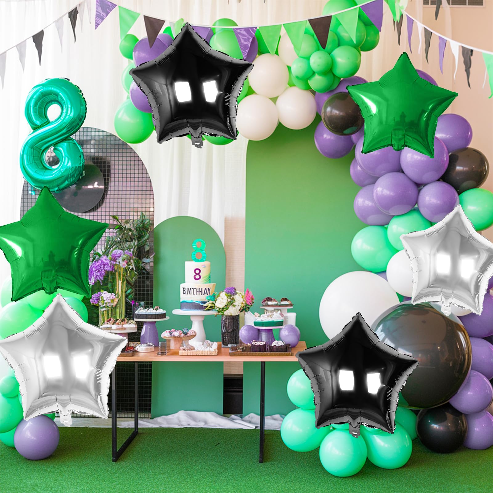 Biapian Green Black Silver Star Foil Balloons – 18in 10pc Set for Birthdays, Graduations & Parties