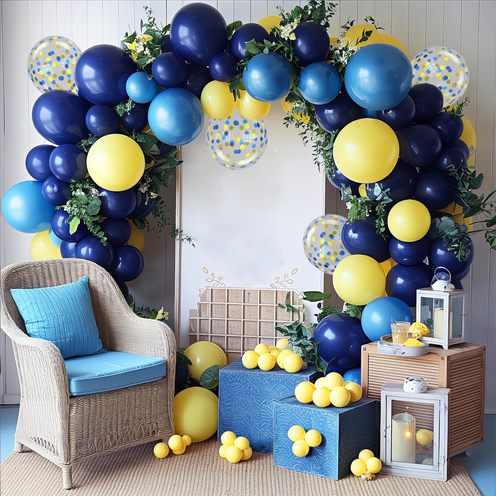 Biapian Yellow & Blue Balloons Set, 12in – Double Stuffed Metallic Confetti Balloons for Parties