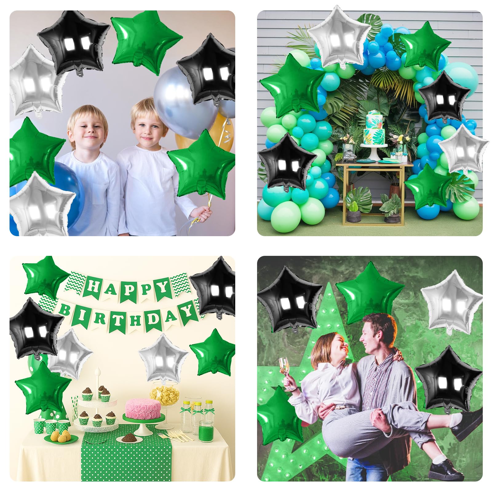 Biapian Green Black Silver Star Foil Balloons – 18in 10pc Set for Birthdays, Graduations & Parties