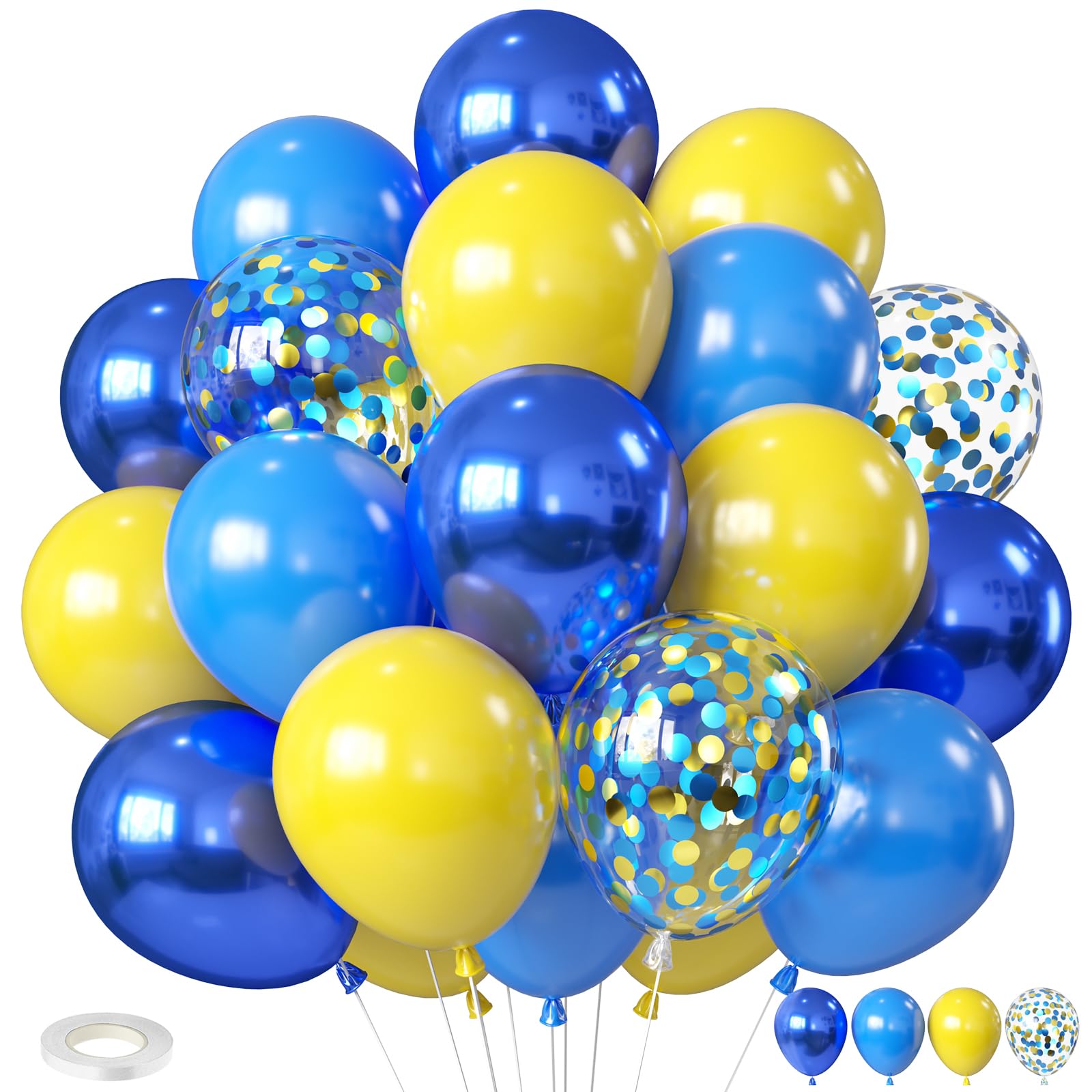 Biapian Yellow & Blue Balloons Set, 12in – Double Stuffed Metallic Confetti Balloons for Parties