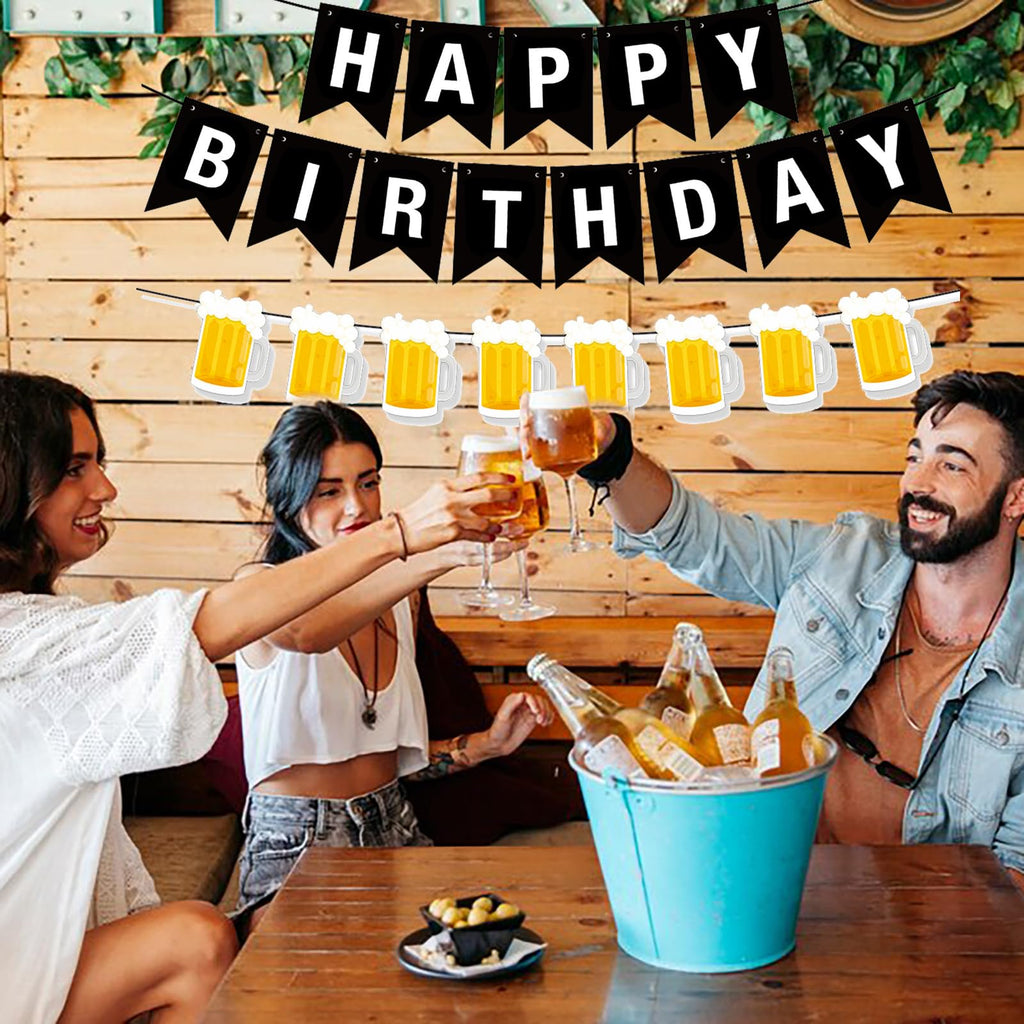 BIEUFBJI Beer Birthday Banner with Mug Pennant – Black & White Happy Birthday Decorations
