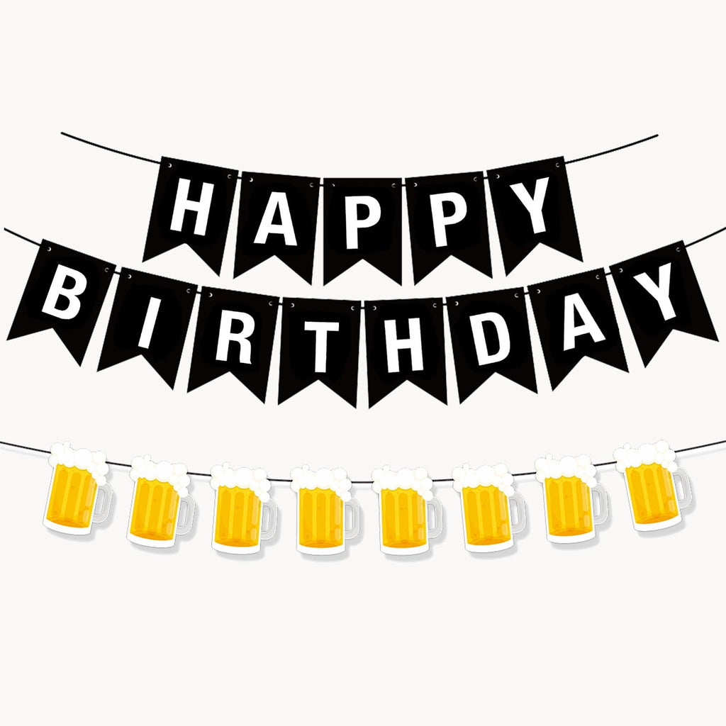 BIEUFBJI Beer Birthday Banner with Mug Pennant – Black & White Happy Birthday Decorations