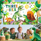 BIGKEOKI Three Rex Birthday Banner Backdrop – Green Dino Party Decorations for 3rd Birthday