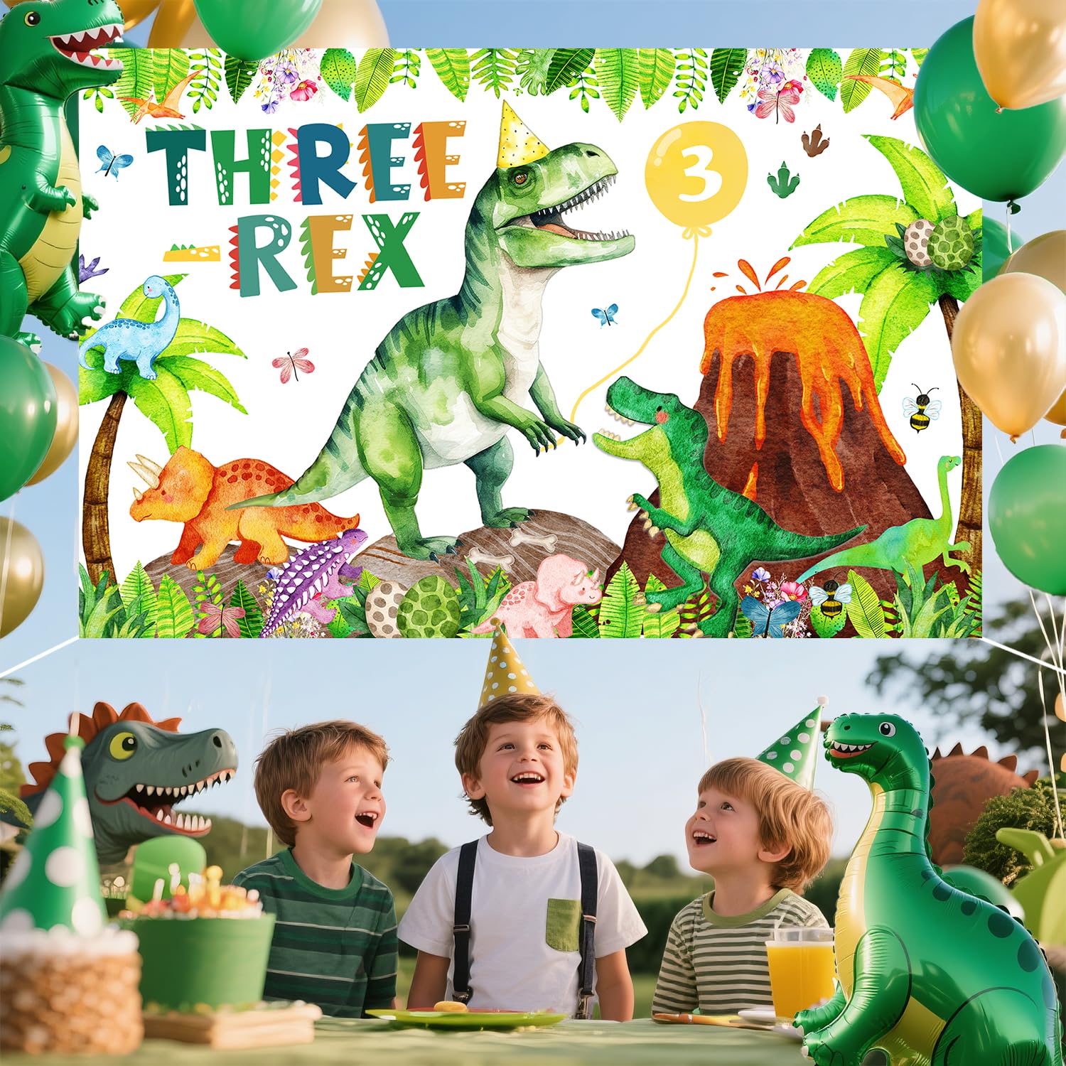 BIGKEOKI Three Rex Birthday Banner Backdrop – Green Dino Party Decorations for 3rd Birthday