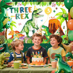 BIGKEOKI Three Rex Birthday Banner Backdrop – Green Dino Party Decorations for 3rd Birthday