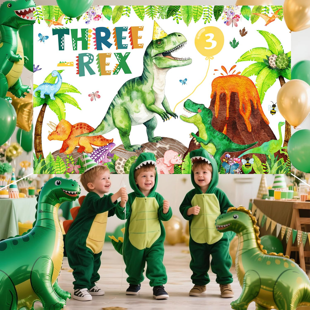 BIGKEOKI Three Rex Birthday Banner Backdrop – Green Dino Party Decorations for 3rd Birthday