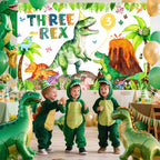 BIGKEOKI Three Rex Birthday Banner Backdrop – Green Dino Party Decorations for 3rd Birthday