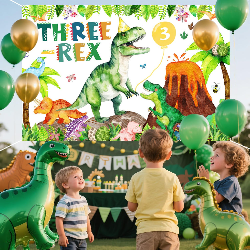 BIGKEOKI Three Rex Birthday Banner Backdrop – Green Dino Party Decorations for 3rd Birthday