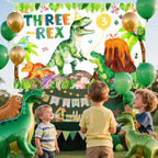 BIGKEOKI Three Rex Birthday Banner Backdrop – Green Dino Party Decorations for 3rd Birthday