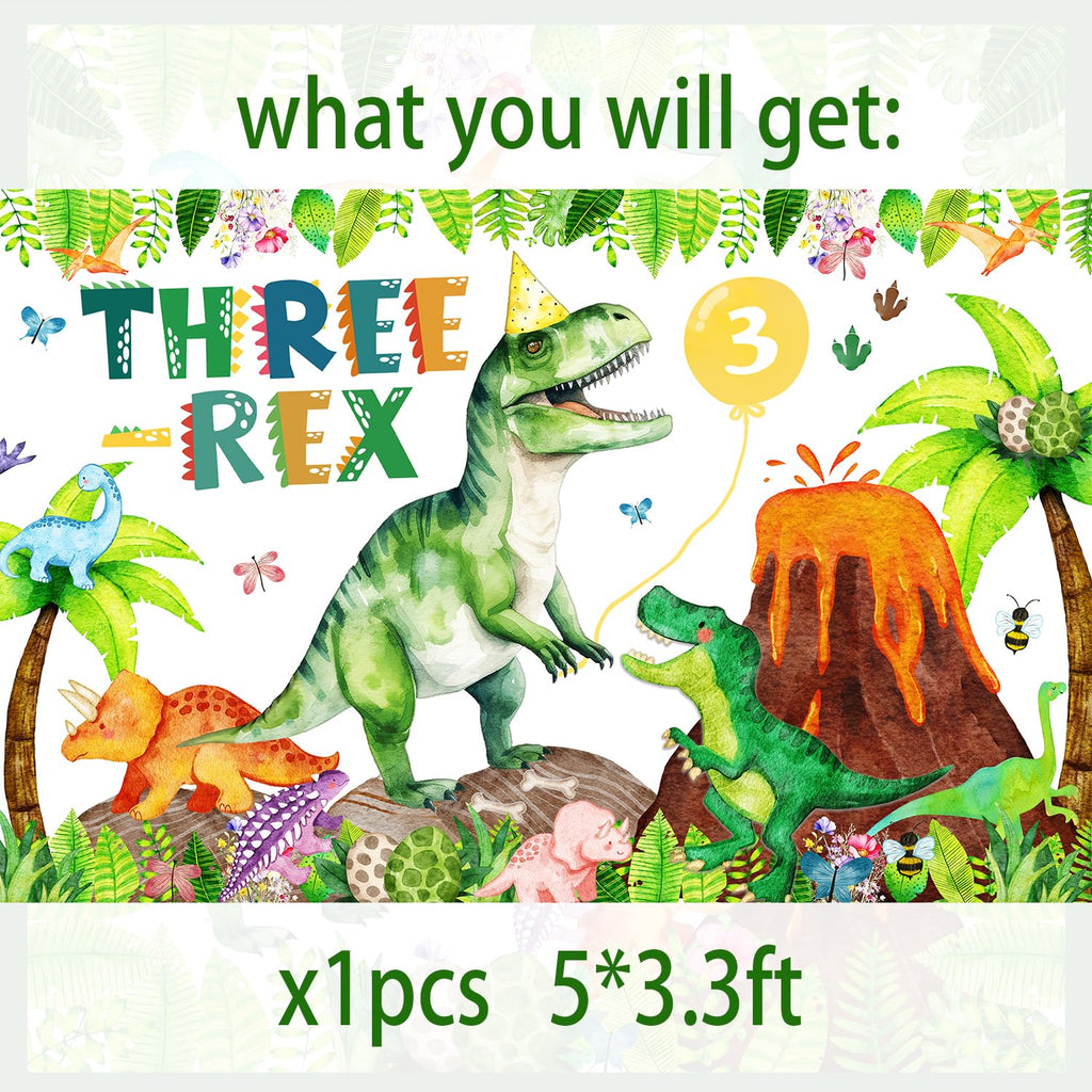 BIGKEOKI Three Rex Birthday Banner Backdrop – Green Dino Party Decorations for 3rd Birthday