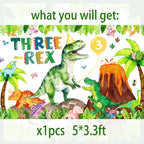 BIGKEOKI Three Rex Birthday Banner Backdrop – Green Dino Party Decorations for 3rd Birthday