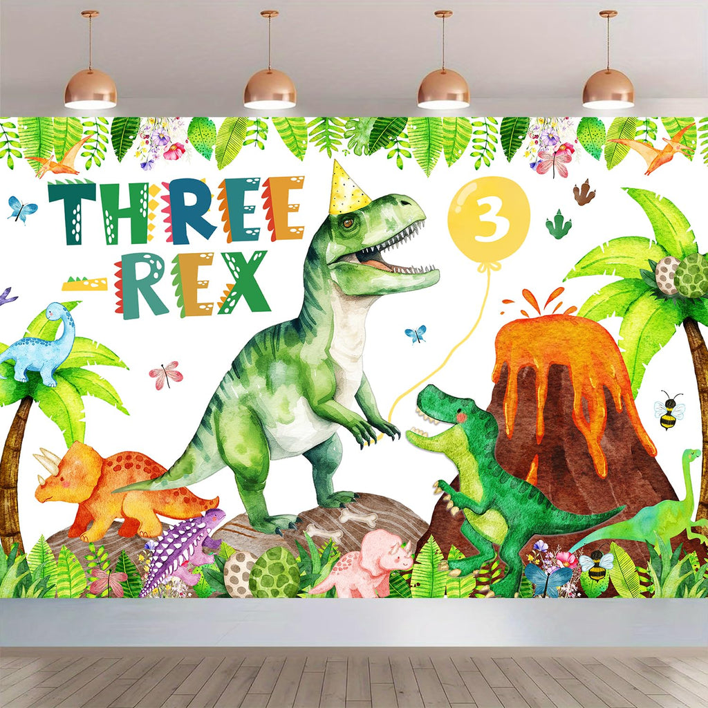 BIGKEOKI Three Rex Birthday Banner Backdrop – Green Dino Party Decorations for 3rd Birthday