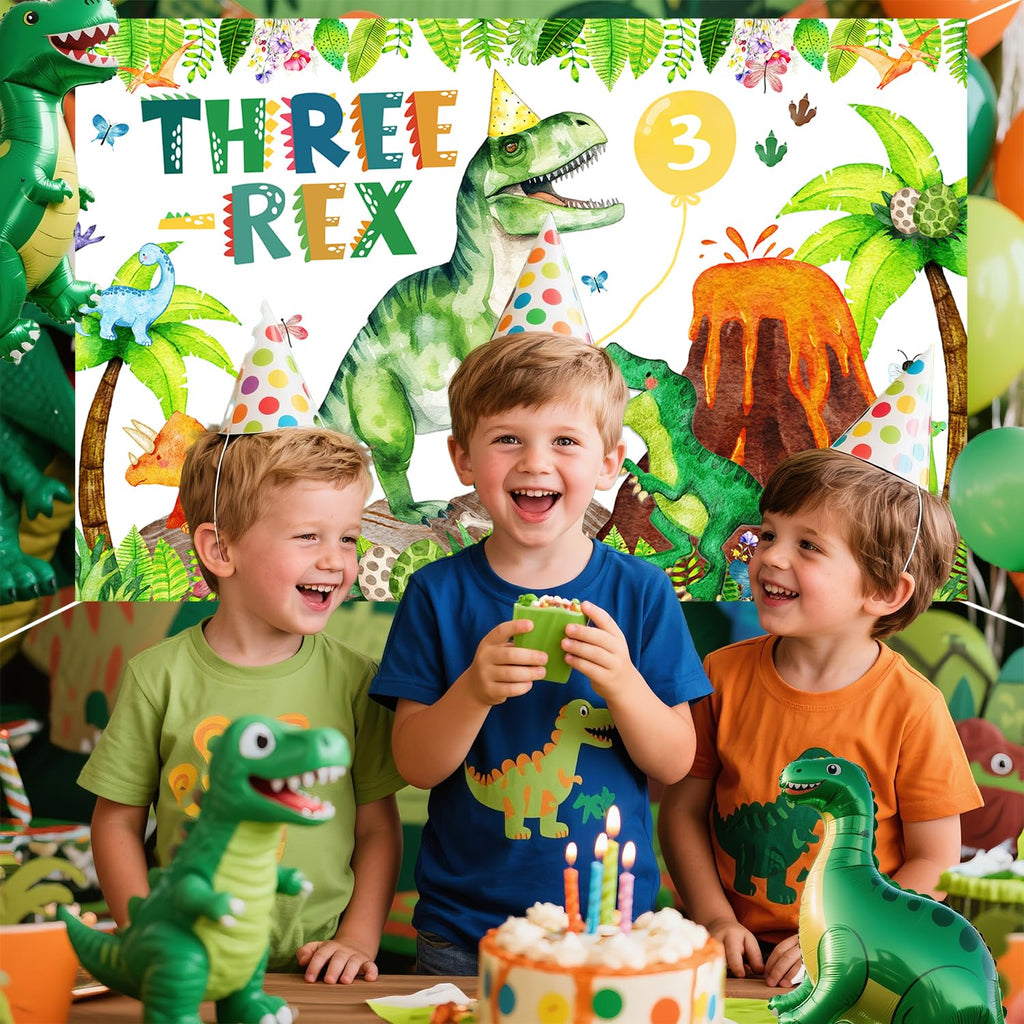 BIGKEOKI Three Rex Birthday Banner Backdrop – Green Dino Party Decorations for 3rd Birthday