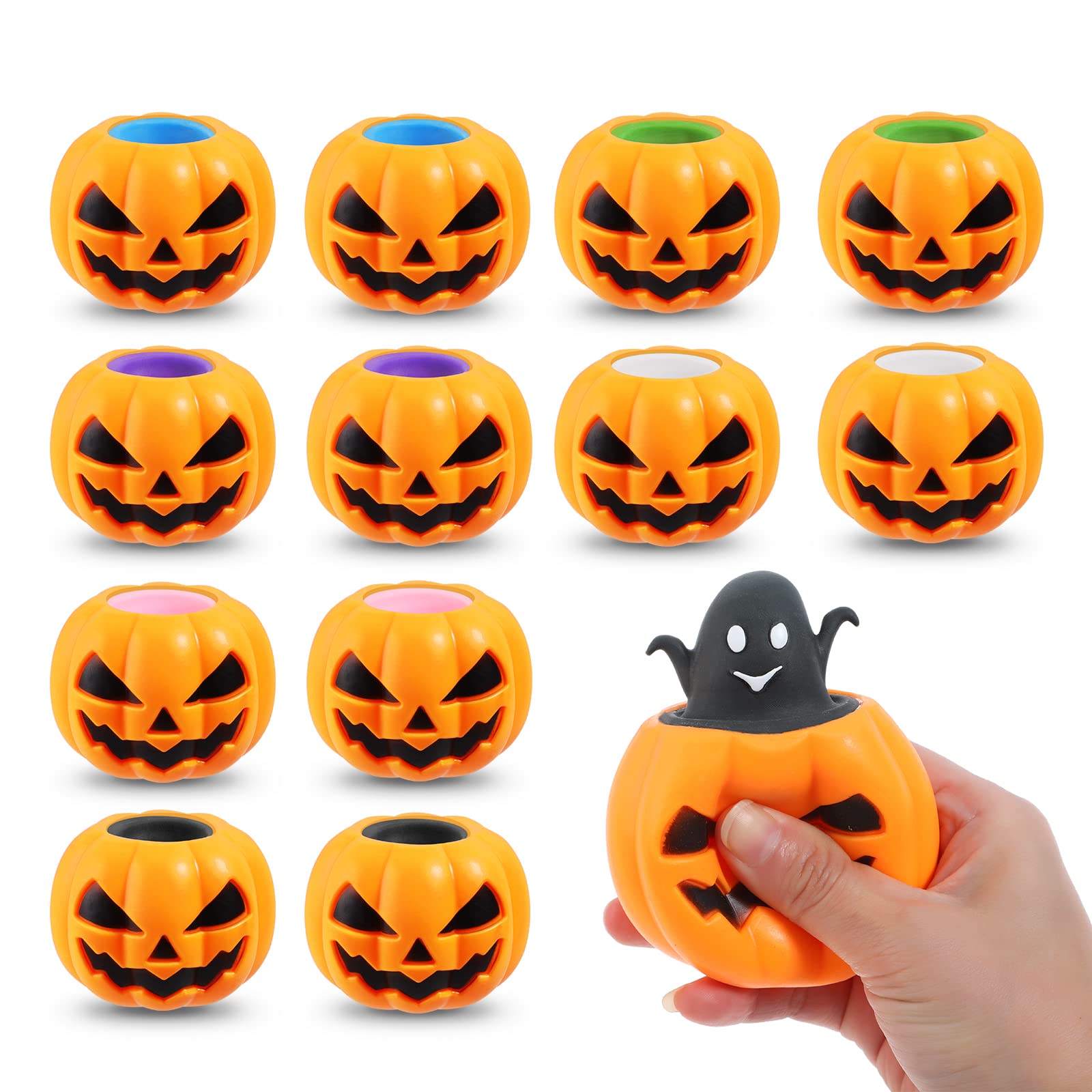 BILLMOSS Halloween Pumpkin Squishy Toys – 12-Pack Ghost Pop Favors (6 Colors) for Trick-or-Treat & Party Bags
