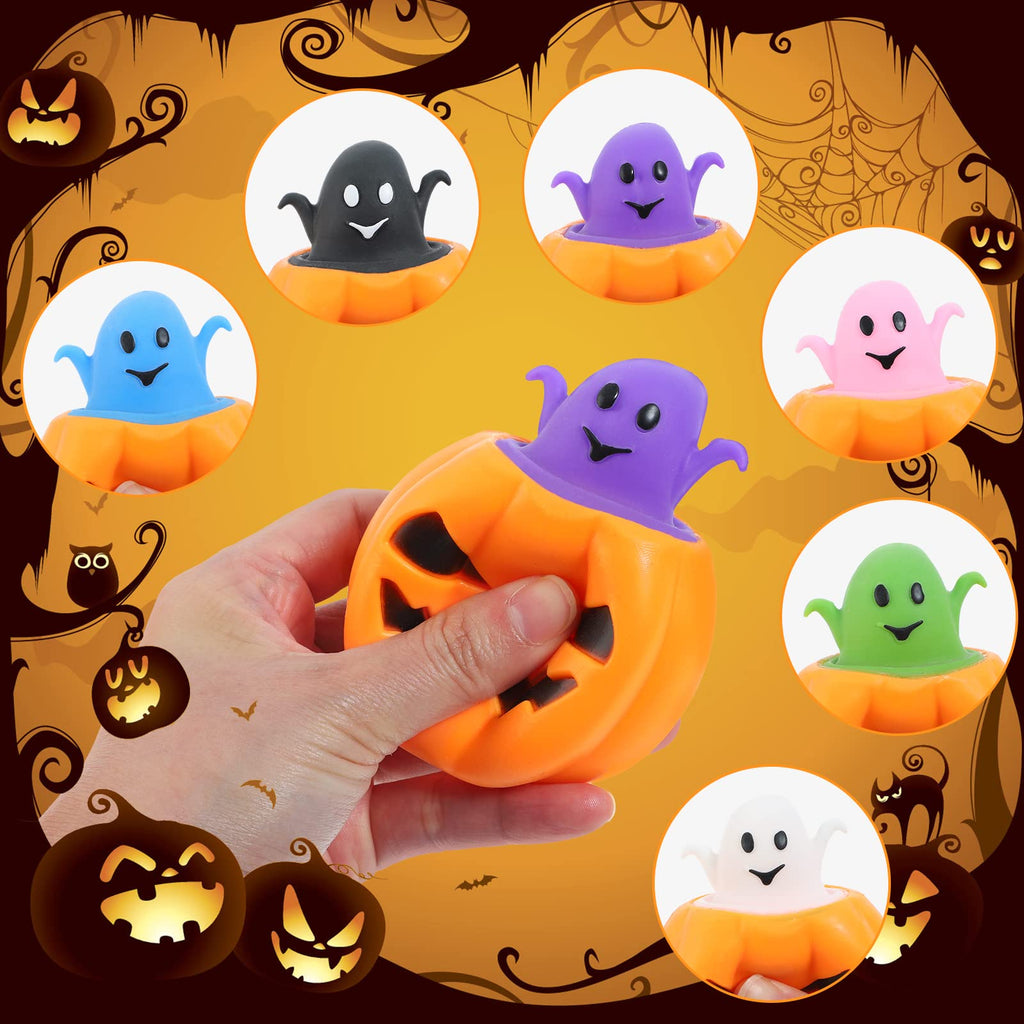 BILLMOSS Halloween Pumpkin Squishy Toys – 12-Pack Ghost Pop Favors (6 Colors) for Trick-or-Treat & Party Bags