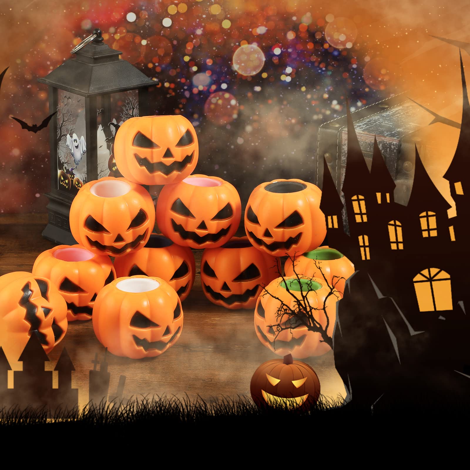 BILLMOSS Halloween Pumpkin Squishy Toys – 12-Pack Ghost Pop Favors (6 Colors) for Trick-or-Treat & Party Bags