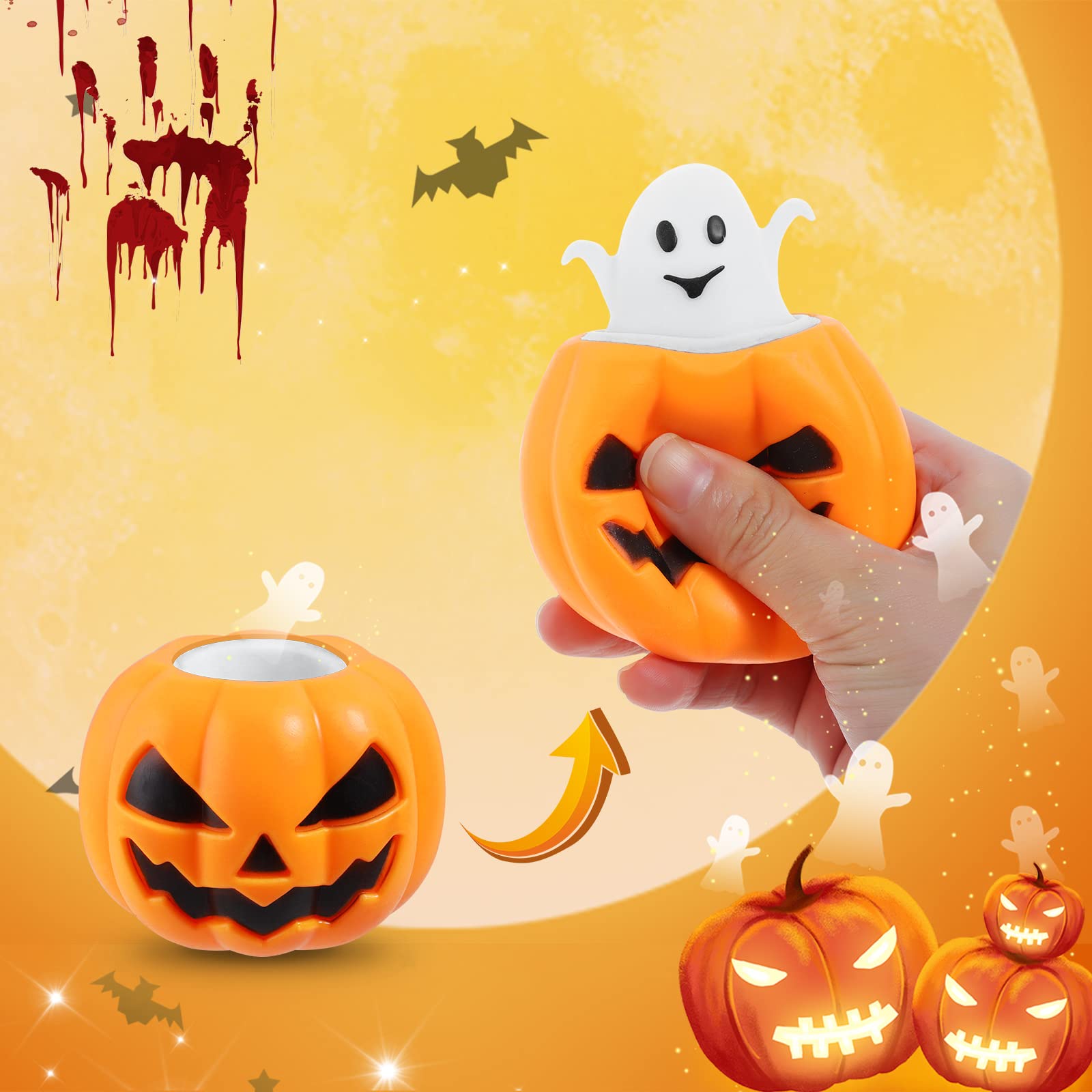 BILLMOSS Halloween Pumpkin Squishy Toys – 12-Pack Ghost Pop Favors (6 Colors) for Trick-or-Treat & Party Bags
