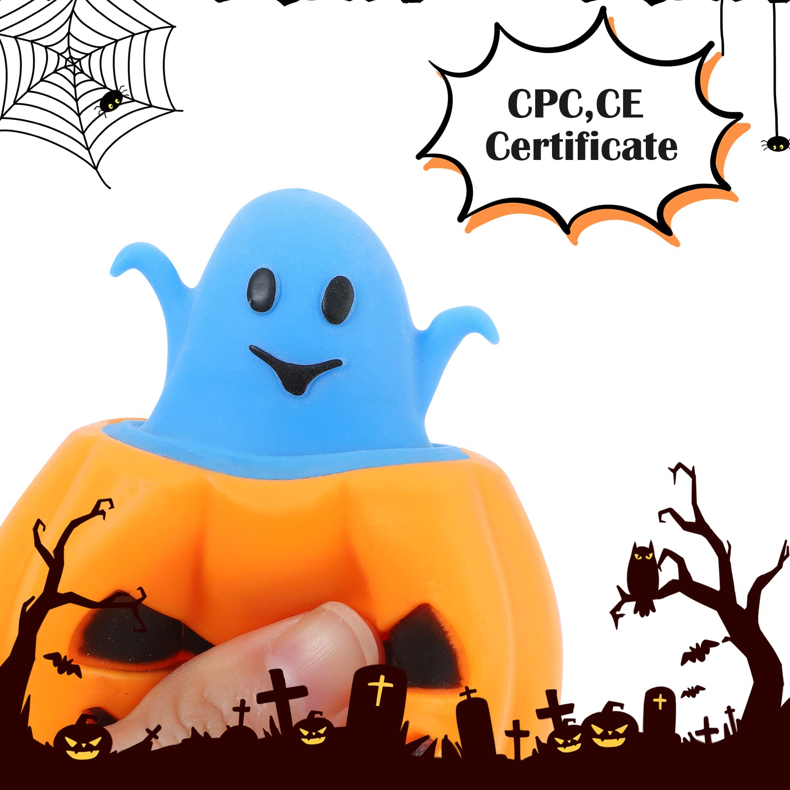 BILLMOSS Halloween Pumpkin Squishy Toys – 12-Pack Ghost Pop Favors (6 Colors) for Trick-or-Treat & Party Bags