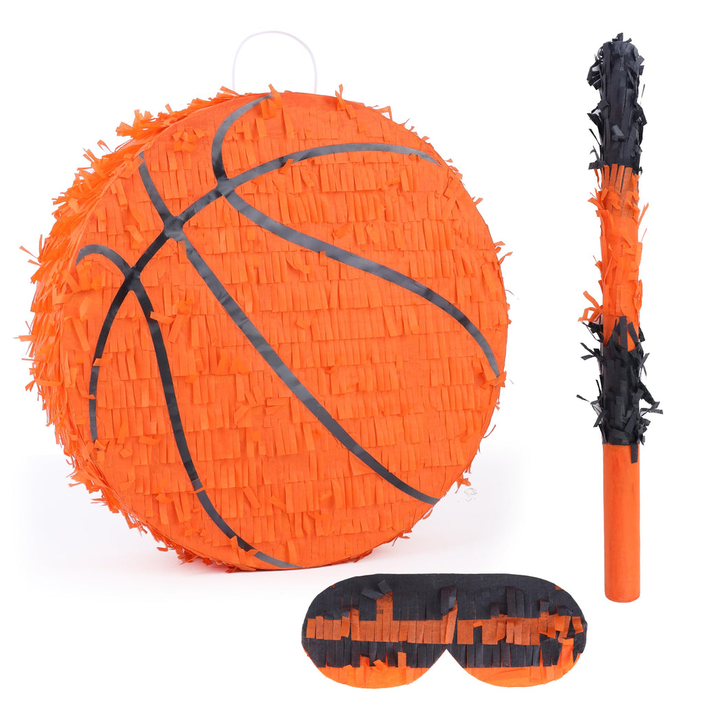 Birchio Basketball Pinata Bundle with Blindfold & Bat (13x13x4 in) | Sports Theme Birthday Party Decoration