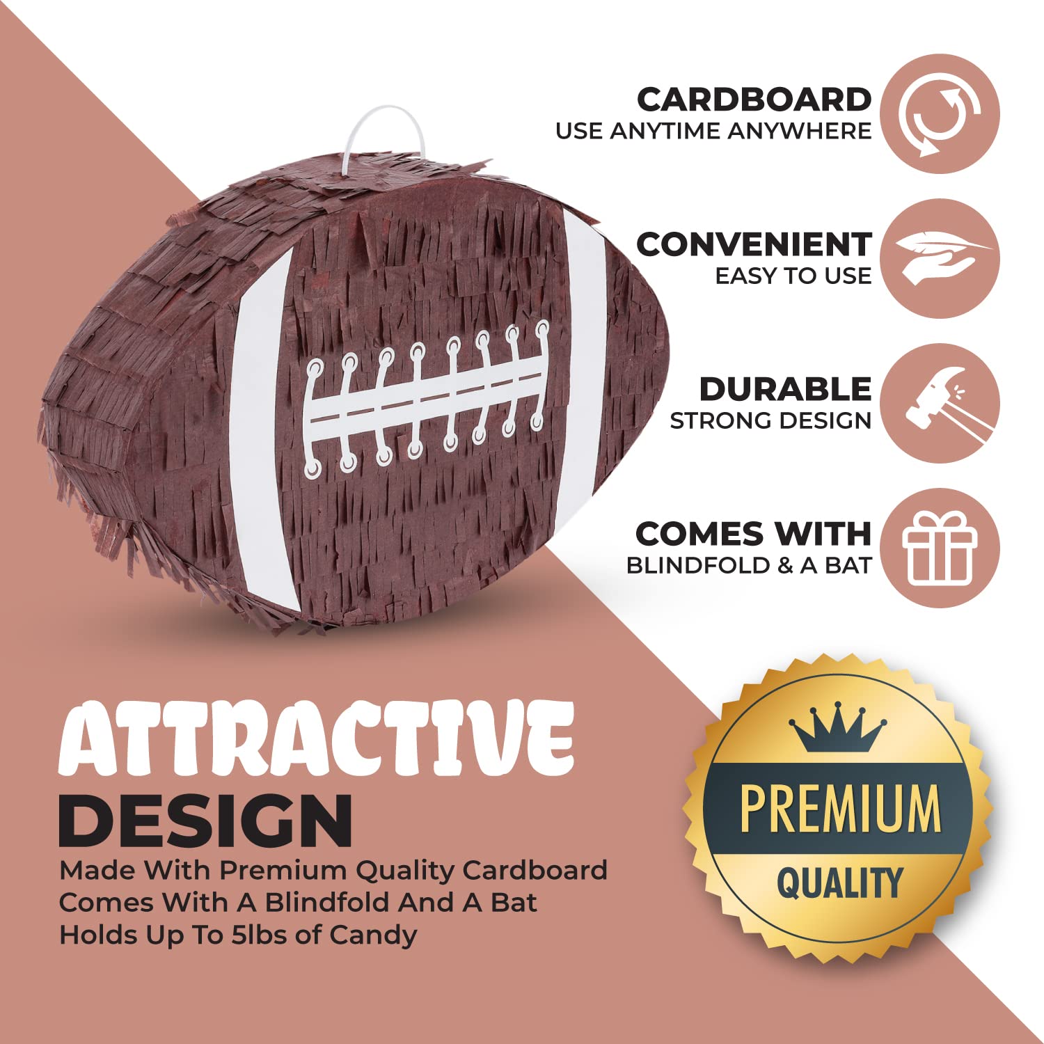 Birchio Football Pinata Bundle with Blindfold & Bat – 16x10x4 Inches | Party Pinata for Boys
