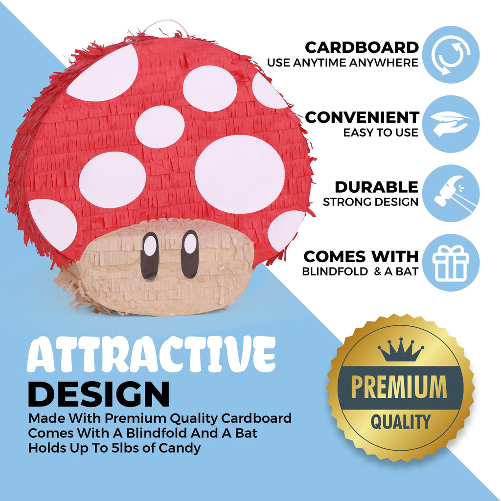Birchio Mushroom Pinatas Bundle with Blindfold & Bat — Party Decor (16.5 x 12 x 3.5 in)
