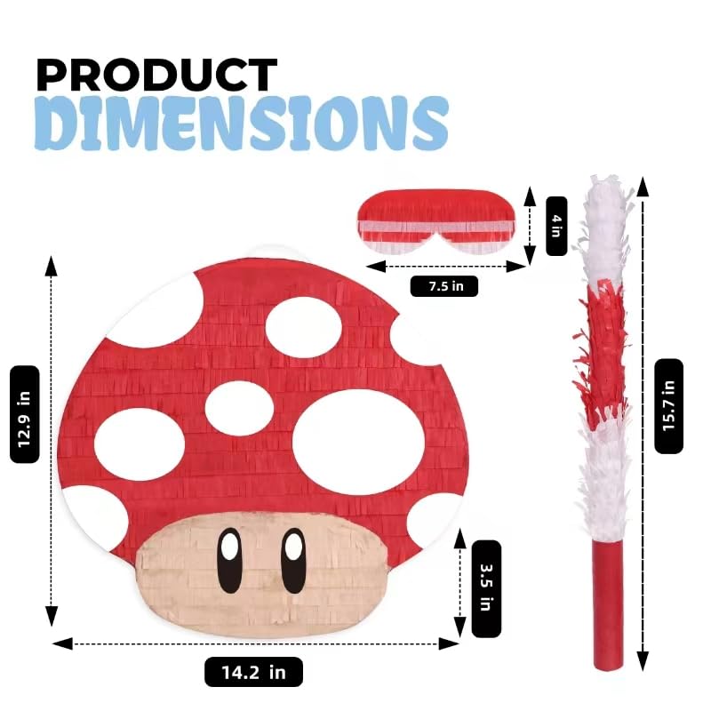 Birchio Mushroom Pinatas Bundle with Blindfold & Bat — Party Decor (16.5 x 12 x 3.5 in)