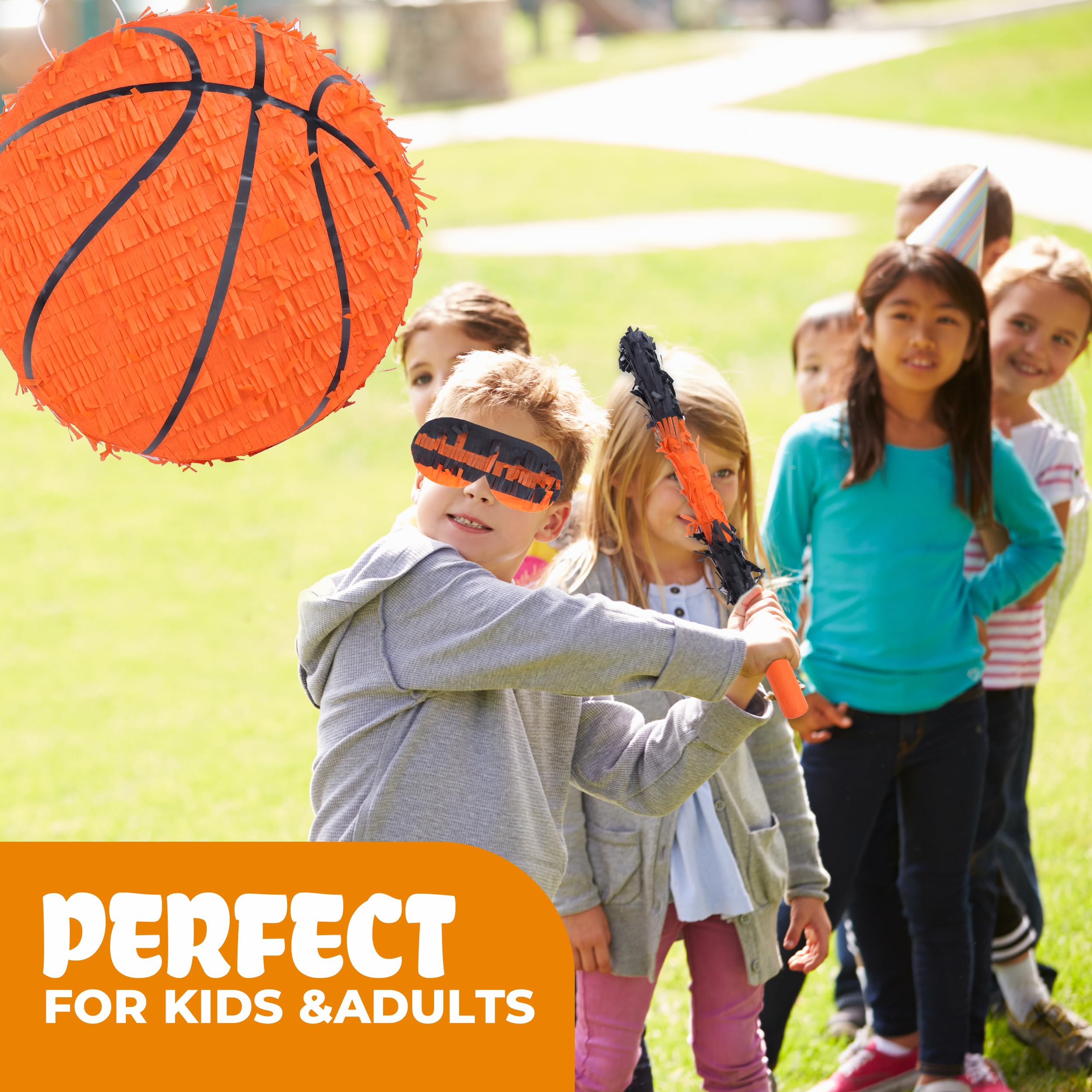 Birchio Basketball Pinata Bundle with Blindfold & Bat (13x13x4 in) | Sports Theme Birthday Party Decoration