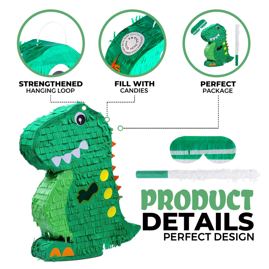 Birchio Dinosaur Pinata Bundle with Blindfold & Bat – 17x13x4 Inches | Party Decorations