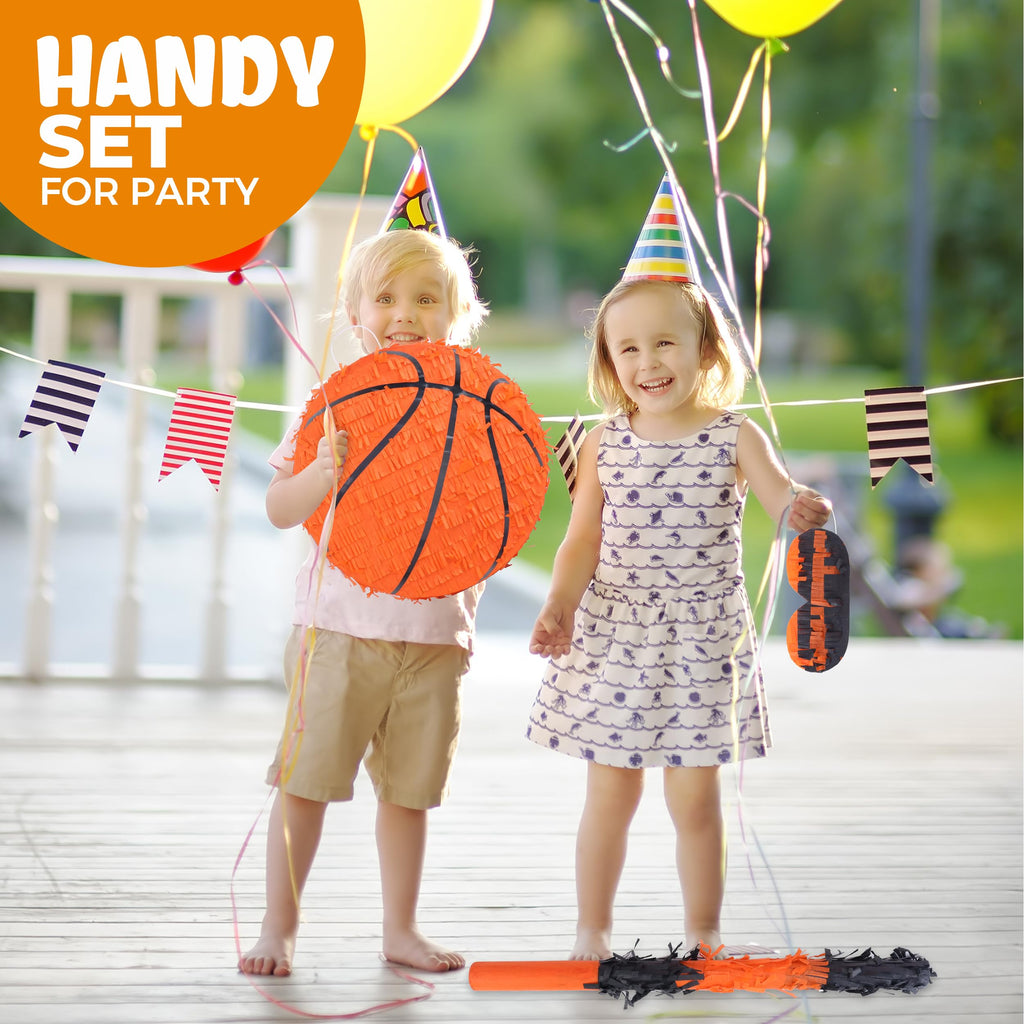Birchio Basketball Pinata Bundle with Blindfold & Bat (13x13x4 in) | Sports Theme Birthday Party Decoration