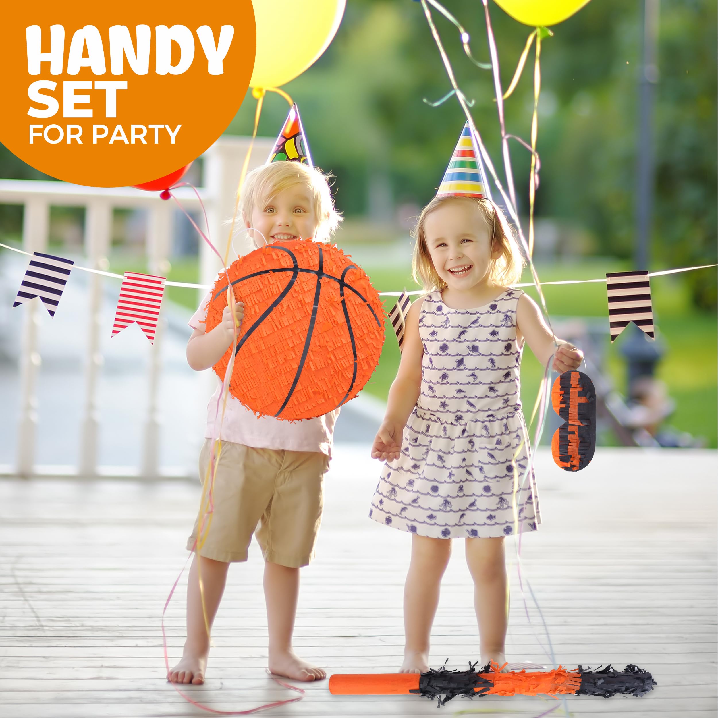 Birchio Basketball Pinata Bundle with Blindfold & Bat (13x13x4 in) | Sports Theme Birthday Party Decoration