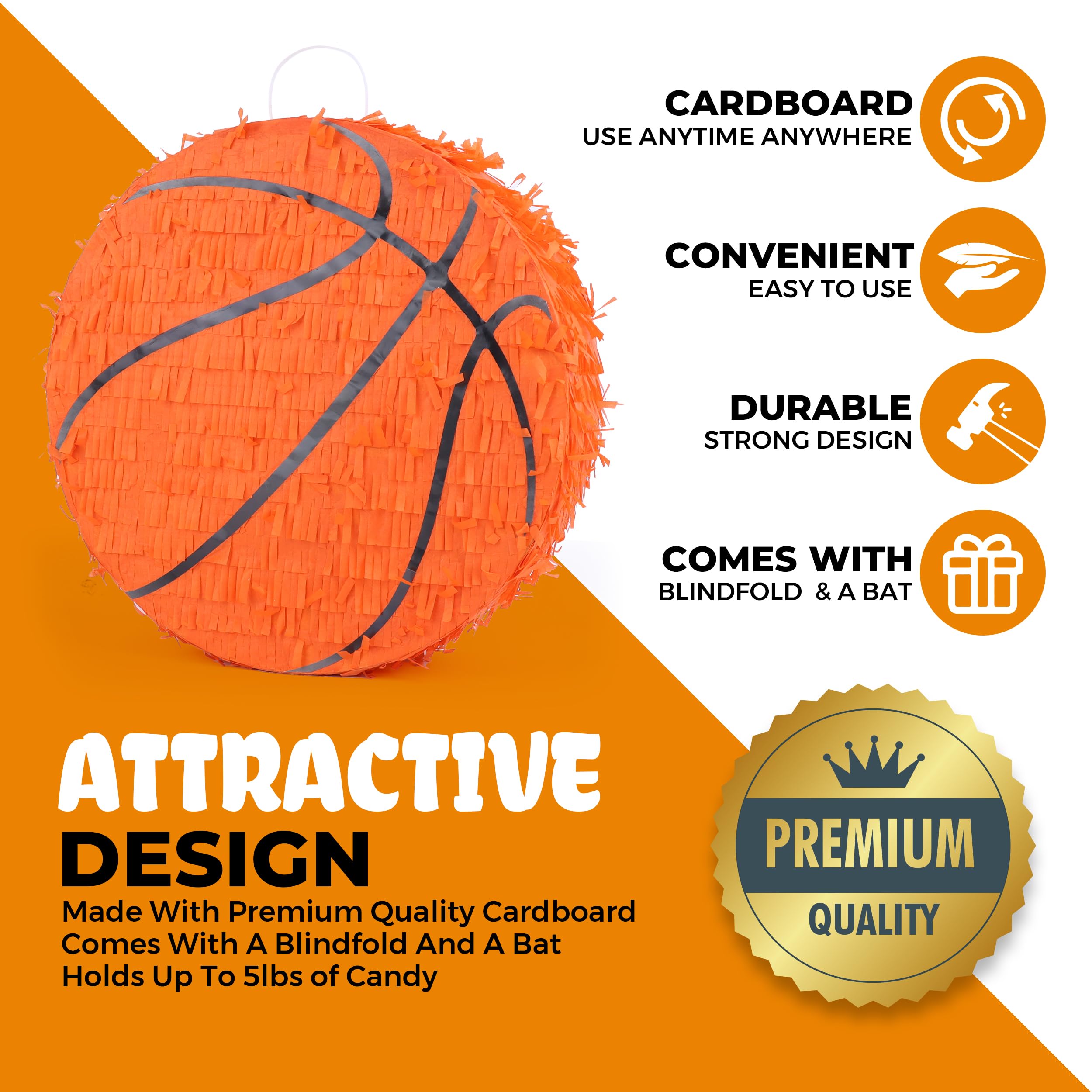 Birchio Basketball Pinata Bundle with Blindfold & Bat (13x13x4 in) | Sports Theme Birthday Party Decoration