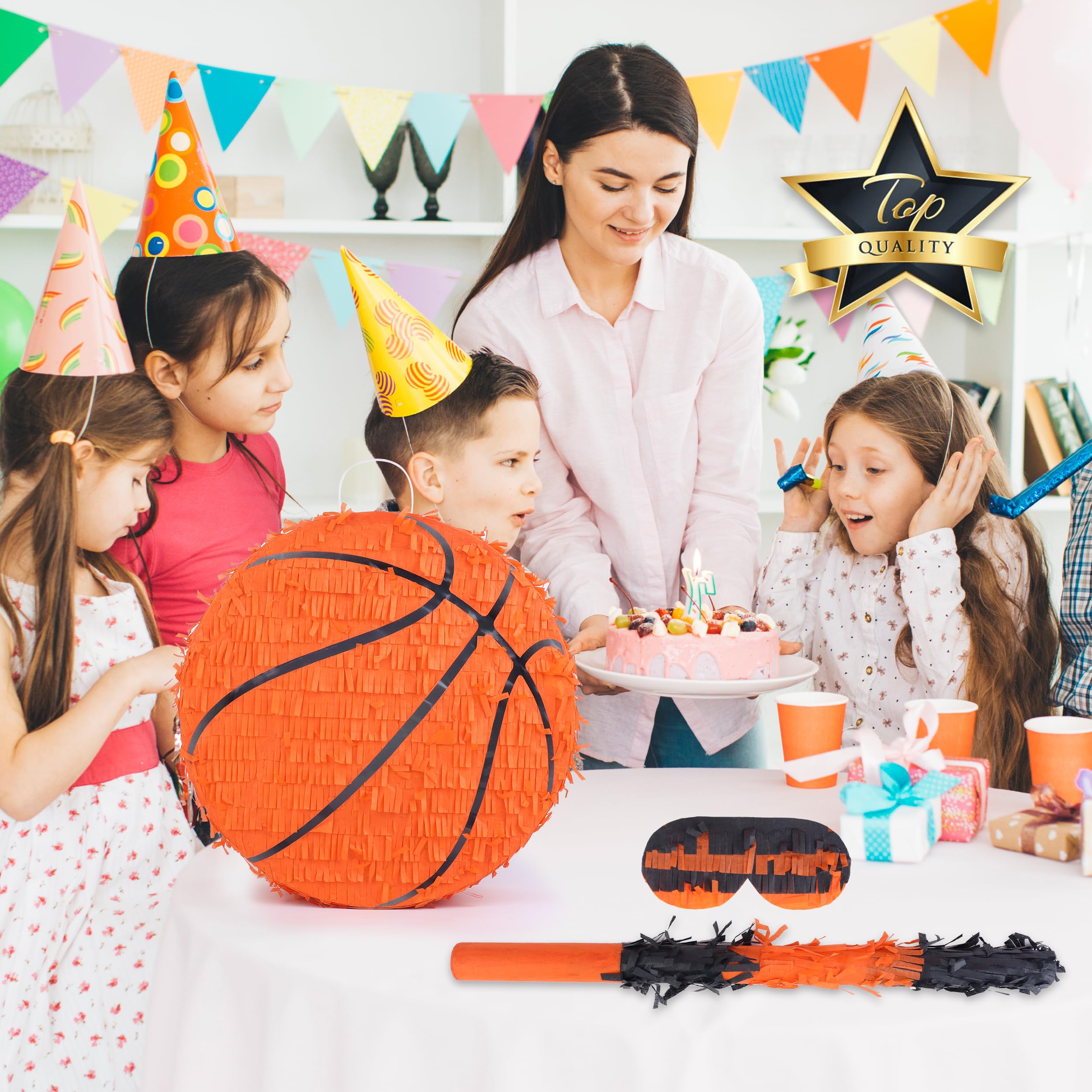 Birchio Basketball Pinata Bundle with Blindfold & Bat (13x13x4 in) | Sports Theme Birthday Party Decoration