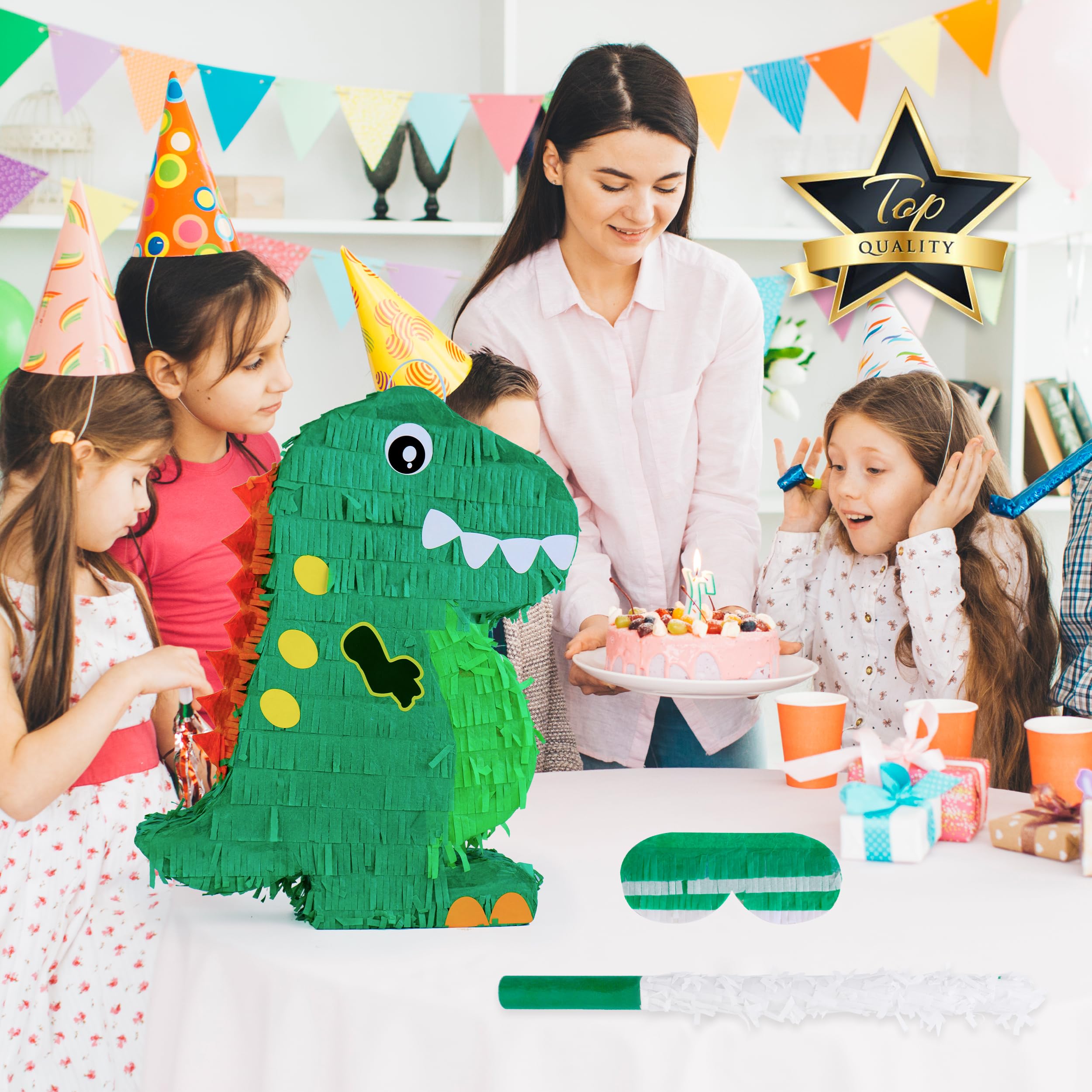 Birchio Dinosaur Pinata Bundle with Blindfold & Bat – 17x13x4 Inches | Party Decorations