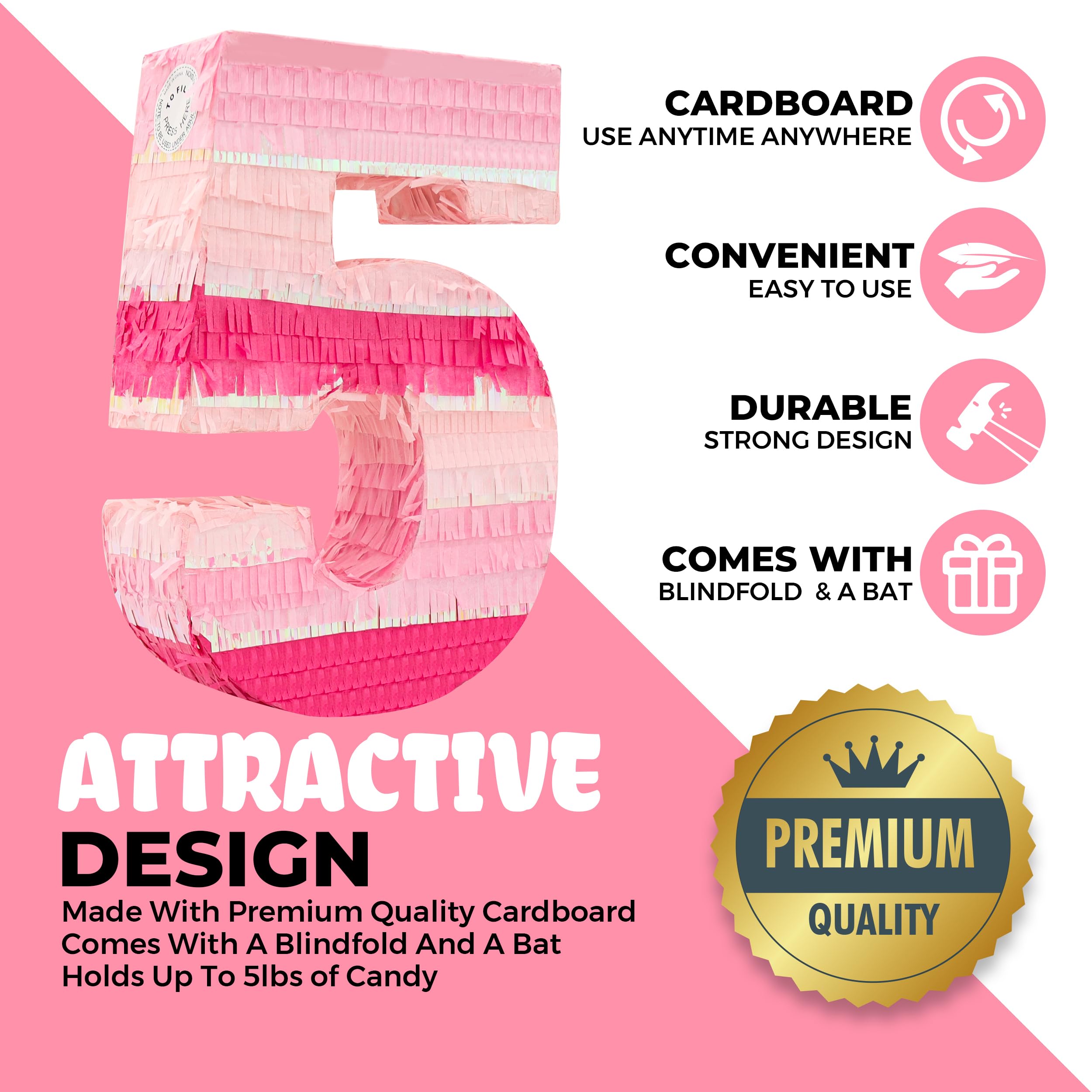 Birchio Pinks Number 5 Pinatas Bundle with Blindfold & Bat – 16.1 x 11 x 4 in | Pink Party Decoration