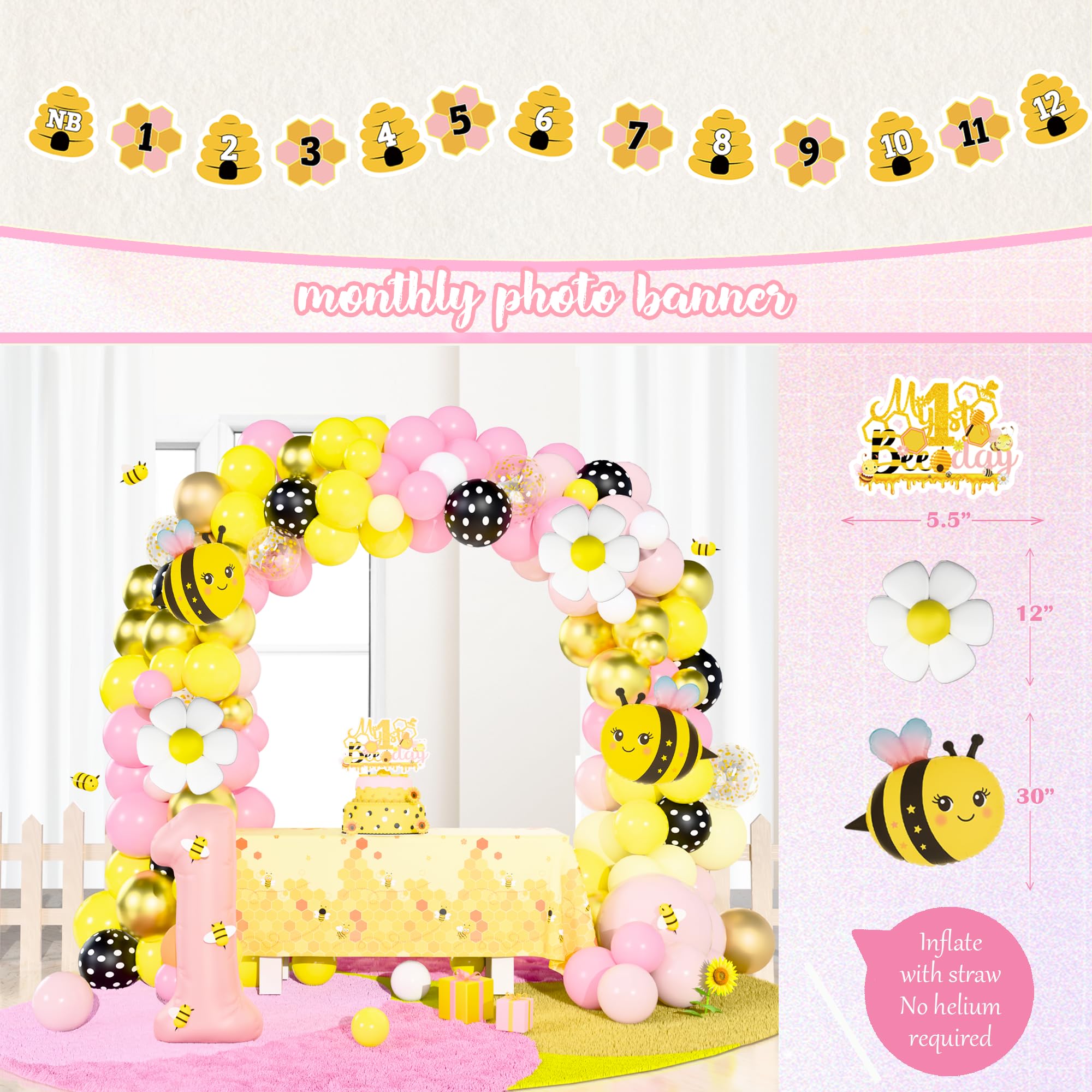Birhgt Bee 1st Birthday Decorations for Girls – Yellow Pink Honey Bee Theme
