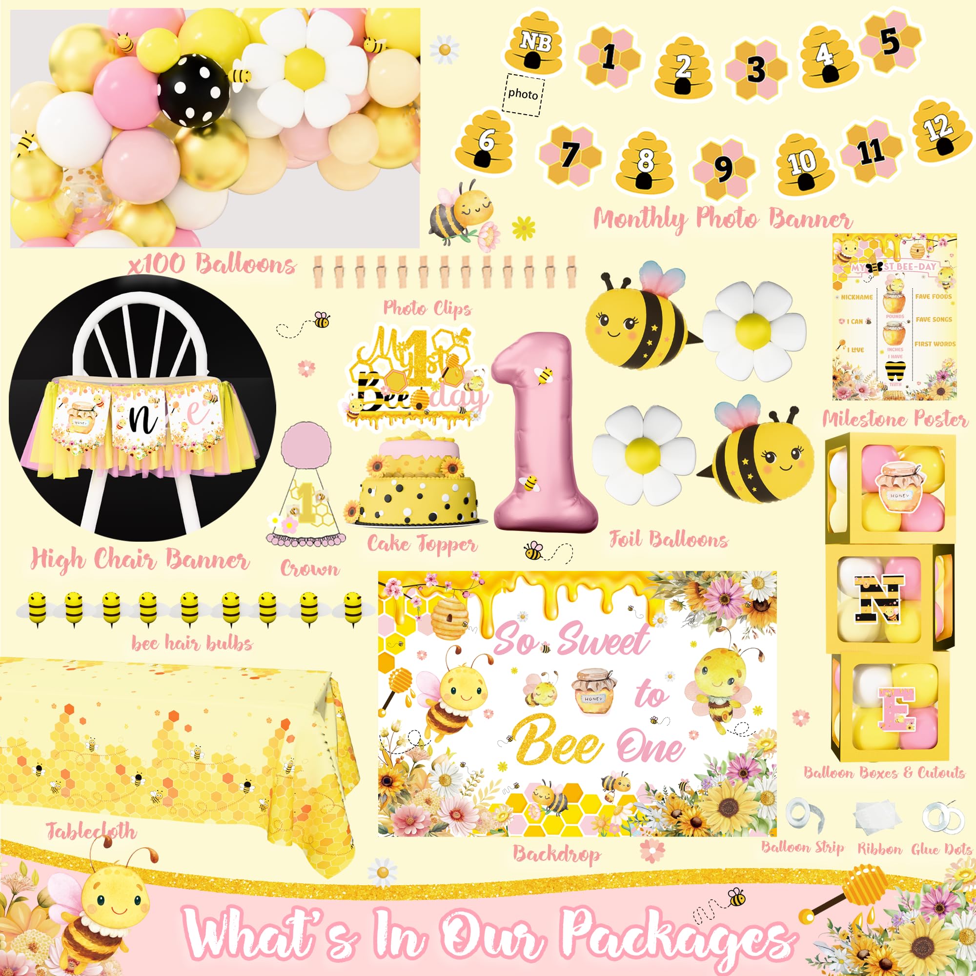 Birhgt Bee 1st Birthday Decorations for Girls – Yellow Pink Honey Bee Theme